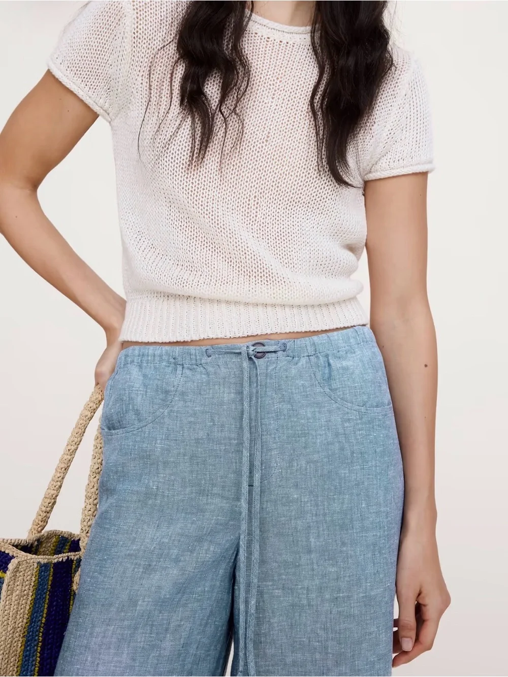 Banana Republic Studio Wide Leg Linen Drawstring Pants Blue XXS Petite